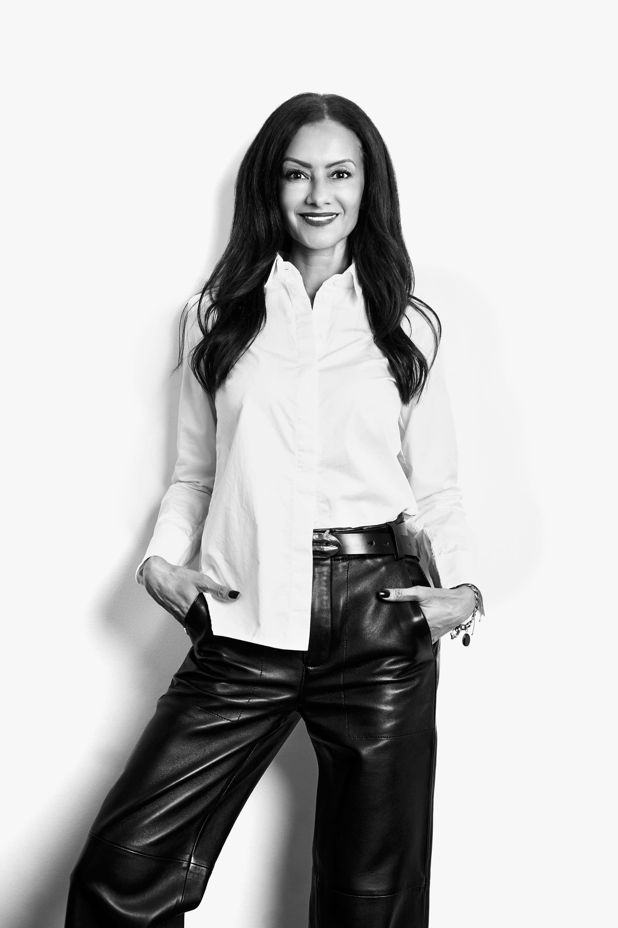Editorial black-and-white portrait of Karina